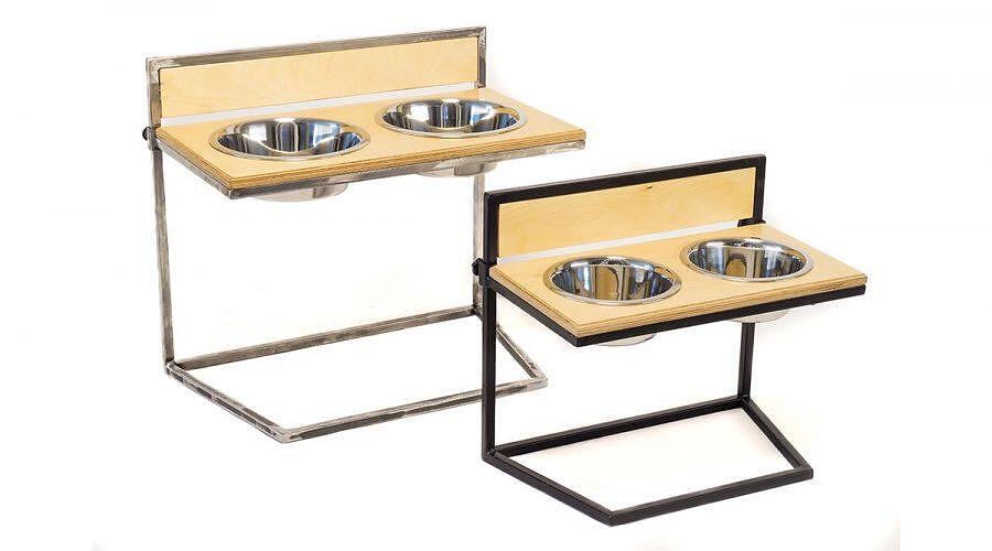 4Legs Dstoop adjustable pet food stand crafted from wood and metal, designed for dogs and cats, two sizes available.