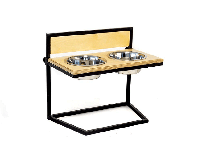 Ръчно изработена стойка Dstoop с регулируеми купи за храна за кучета и котки, изработена от бор и метал.