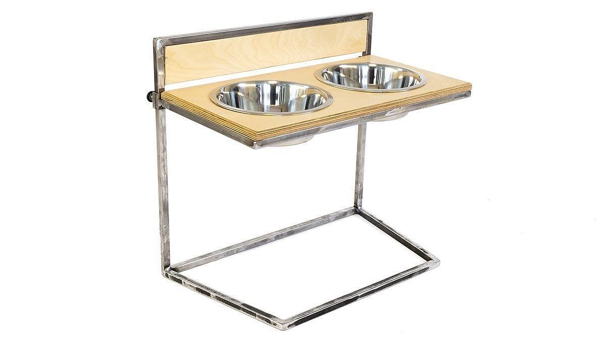 4Legs Dstoop adjustable pet food stand with double stainless steel bowls, crafted from pine wood and metal.
