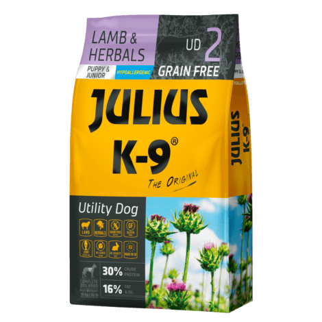 JULIUS-K9® GRAIN FREE PUPPY&JUNIOR LAMB агнешко & билки 10кг. – хипоалергенна суха храна за подрастващи кучета БЕЗ ЗЪРНЕНИ КУЛТУРИ И ПИЛЕШКО МЕСО!