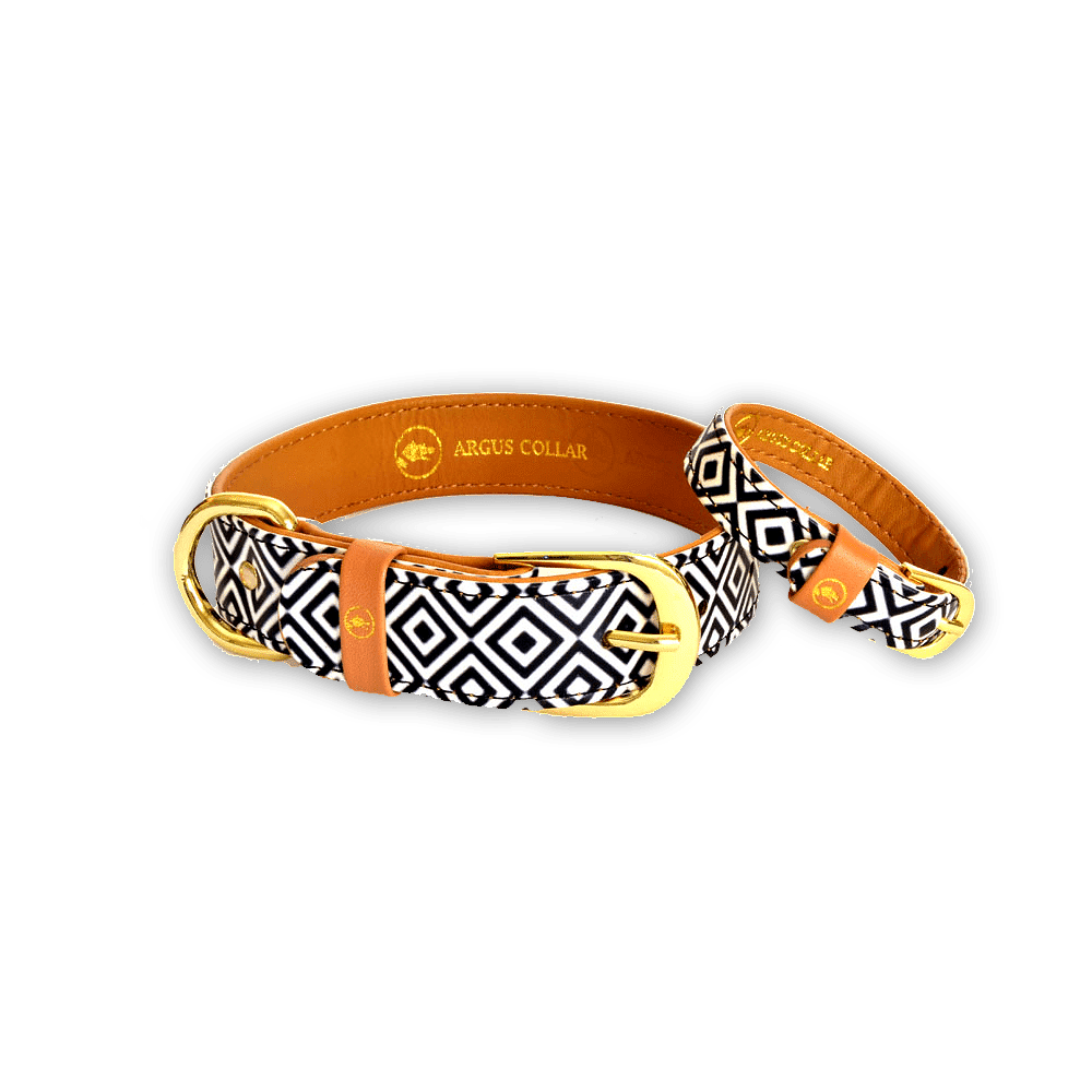 ARGUS BW Squary dog collar and friendship bracelet set in black and white geometric pattern.