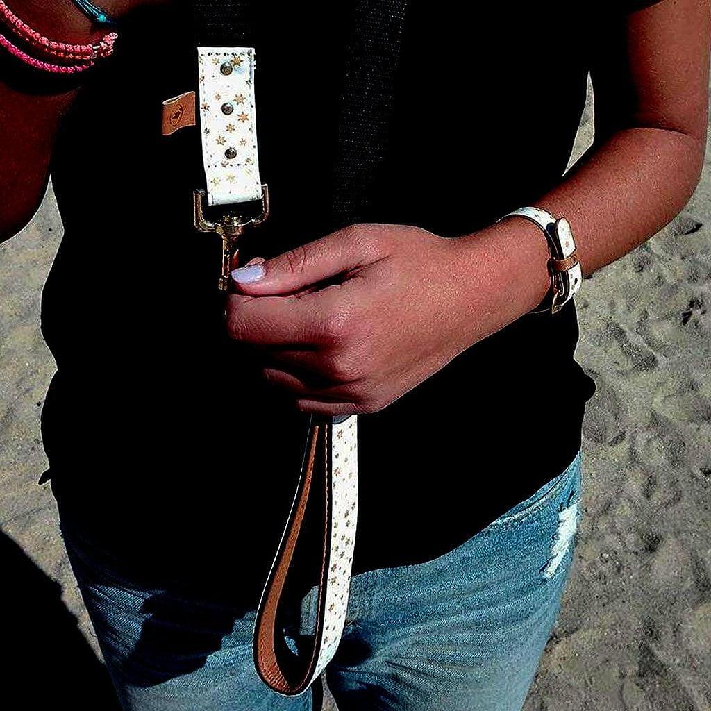 Stylish ARGUS dog leash 'The Fairytale' held by a person, showcasing its modern design and premium materials.