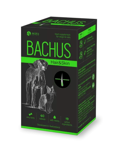 BACHUS Hair & Skin supplement for dogs and cats, 60 tablets, promotes healthy skin and coat.