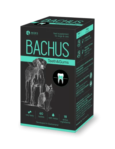 BACHUS Teeth & Gums supplement for dogs and cats, 60 tablets for dental health and plaque prevention.