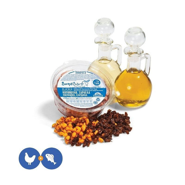 BoneBarf комбинирано меню за котки с пилешко и сардина, за здравословно хранене.