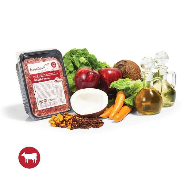 BoneBarf Телешко меню с пресни съставки, включително месо, зеленчуци и масла за кучета.