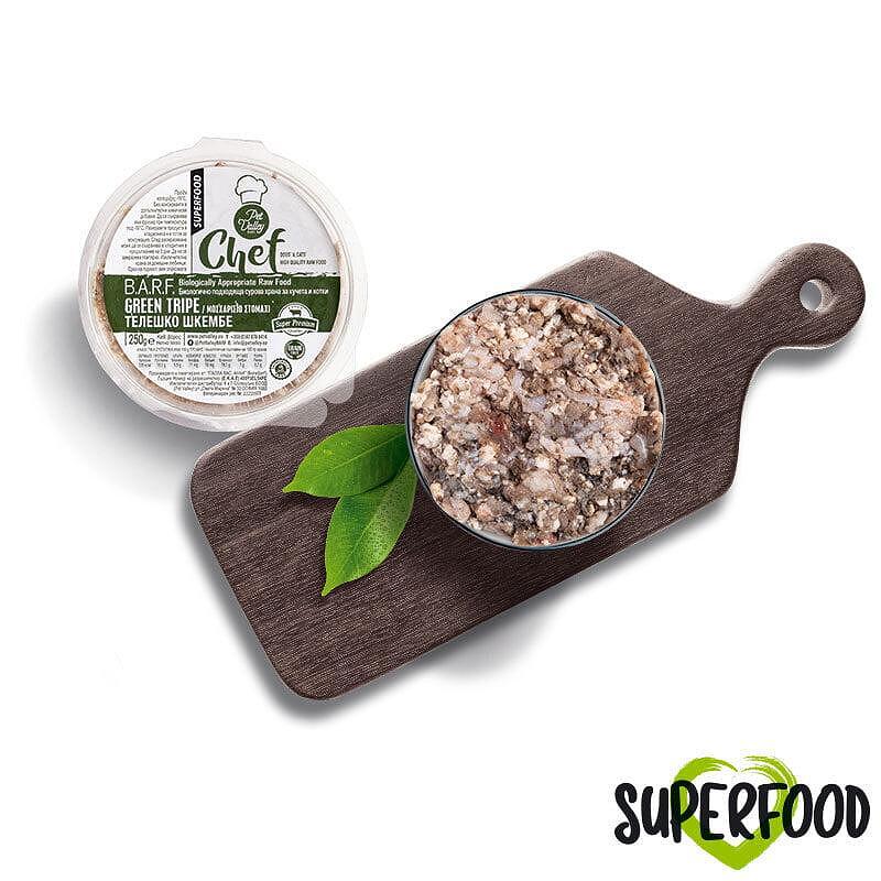 BoneBarf телешко зелено шкембе за домашни любимци, предлагано в опаковка с натурални съставки.