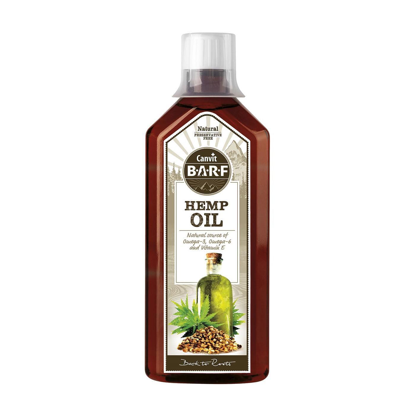 Canvit hemp oil 500ml bottle, natural source of omega fatty acids, cold pressed from hemp seeds.