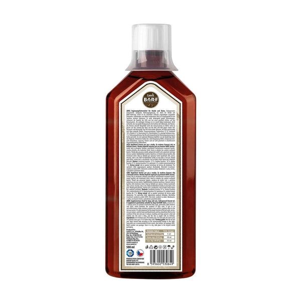Back view of CANVIT 500ml cold-pressed linseed oil bottle featuring detailed label and ingredients.