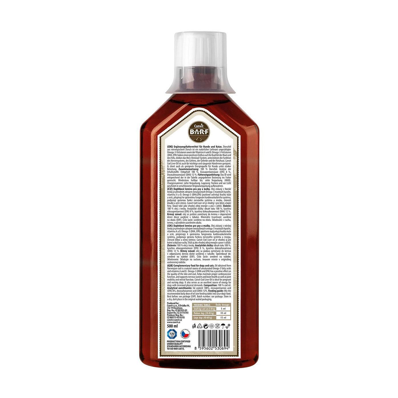 CANVIT Fish Liver Oil 500ml bottle, rich in omega-3 and vitamins, for pets' health and wellness.