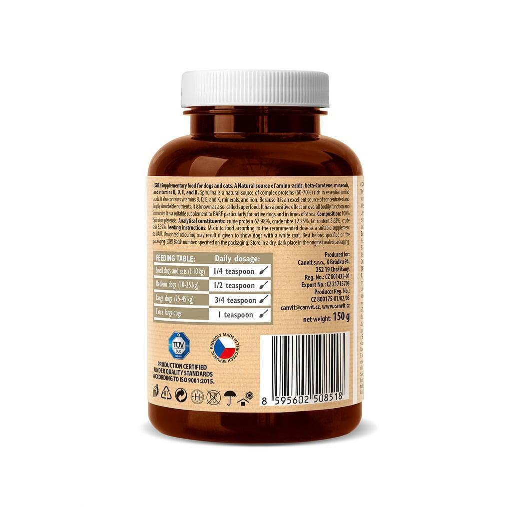 Back label of CANVIT Spirulina 150g bottle showing feeding table and nutritional information.