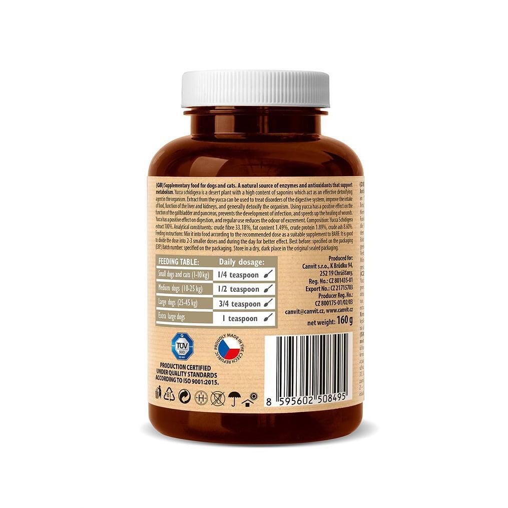 Back label of CANVIT Юка шидигера 160g bottle with dosage instructions and product details.