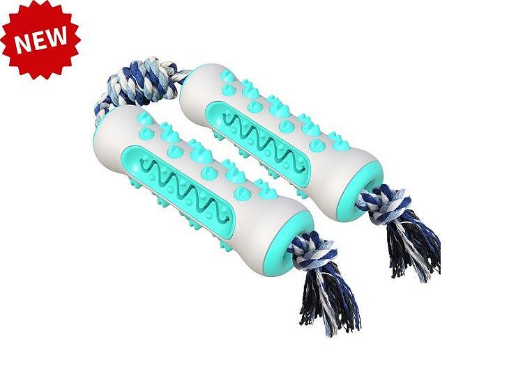 Двойна играчка за гризане с въже, идеална за млади кучета, почиства зъбите и успокоява.