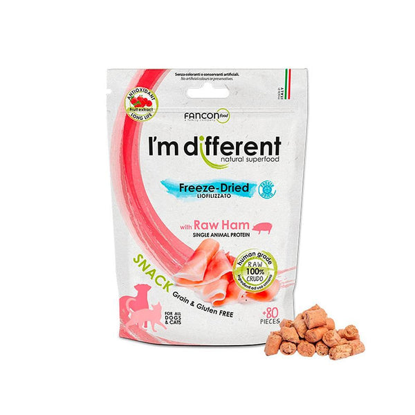 I'm different freeze-dried dog treats with raw ham, grain-free and gluten-free, 80 pieces for healthy rewards.