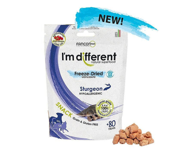 I'm different Freeze-Dried Sturgeon snacks, hypoallergenic and grain-free, natural superfood for pets.