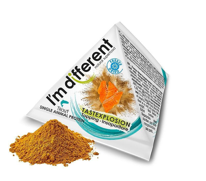 I'm Different TastExplosion trout topping package with free-dried powder, ideal for picky dogs.