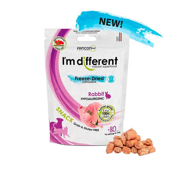I’m different Freeze-Dried Rabbit snack for pets, hypoallergenic, gluten and grain-free, ideal for sensitive pets.