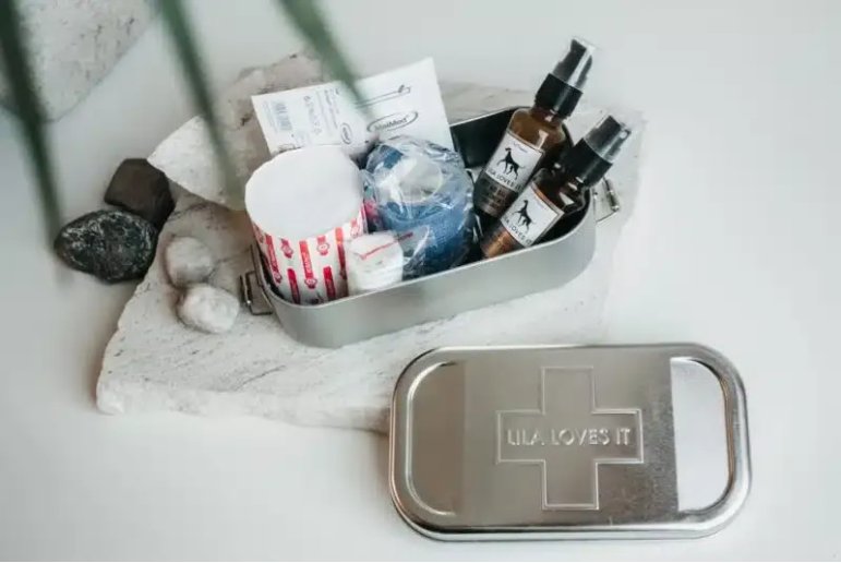 Кутия за спешна помощ с продукти за първа помощ за кучета, включително спрей и масла.