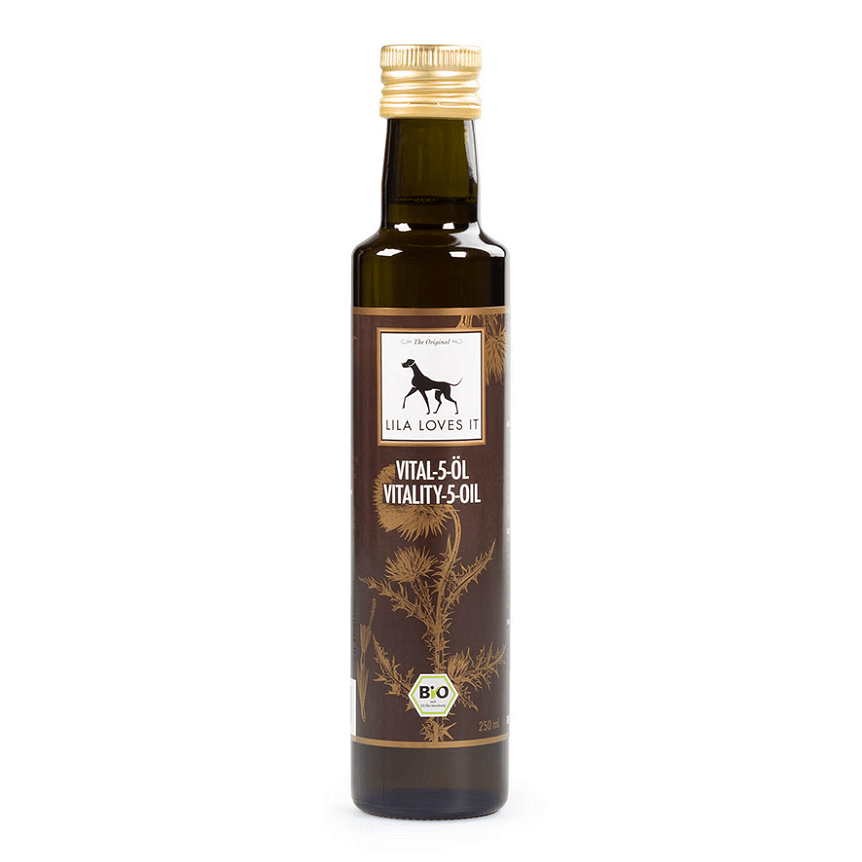 Lila Loves It VITALITY-5-OIL 250ml bottle, premium oil for healthy skin and shiny coat.