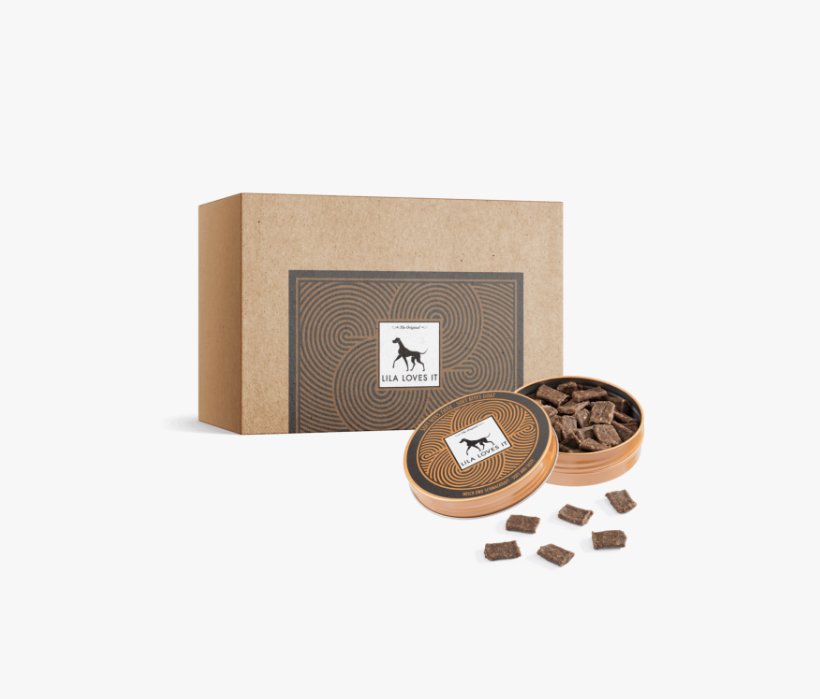 Lila Loves It goat meat treats in a round tin and box, perfect for training dogs and sensitive stomachs.