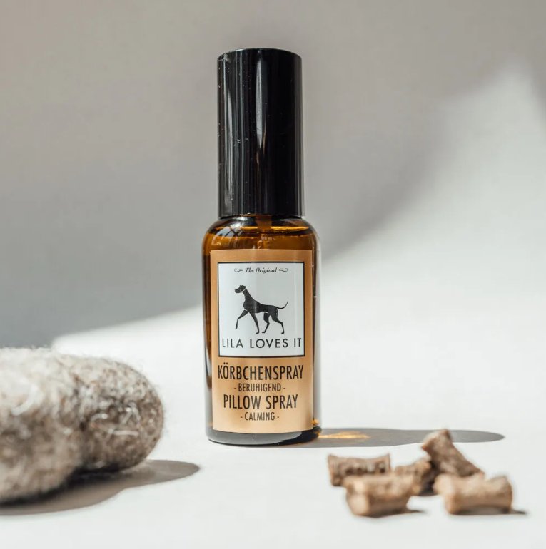 Lila Loves It calming pillow spray in a brown bottle with dog logo, perfect for soothing pets.