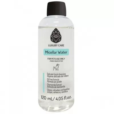 Luxury Care Micellar Water 120ml for pets, ideal for gentle facial cleansing and removing dirt and odors.