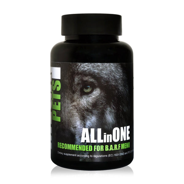 Mega Pets All in One dietary supplement bottle for pet health and wellness, recommended for B.A.R.F. menu.