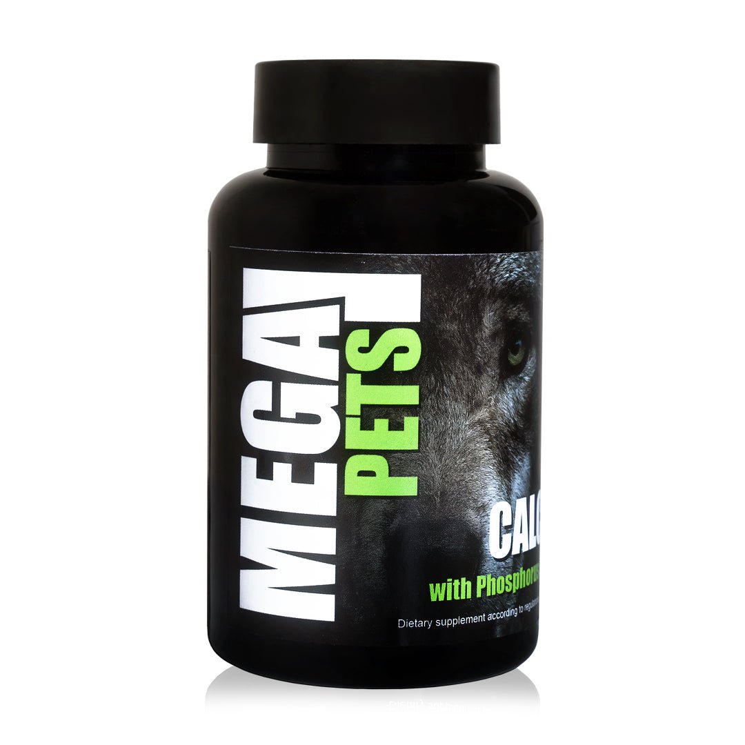 Mega Pets Calcium dietary supplement for dogs and cats, promoting bone and dental health with calcium and phosphorus.