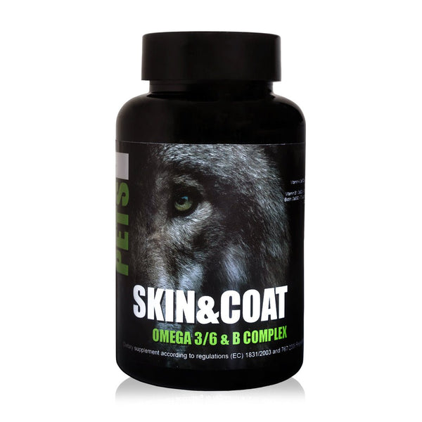 MEGA PETS Skin & Coat supplement bottle with Omega-3, Omega-6, and B complex for pet skin health.