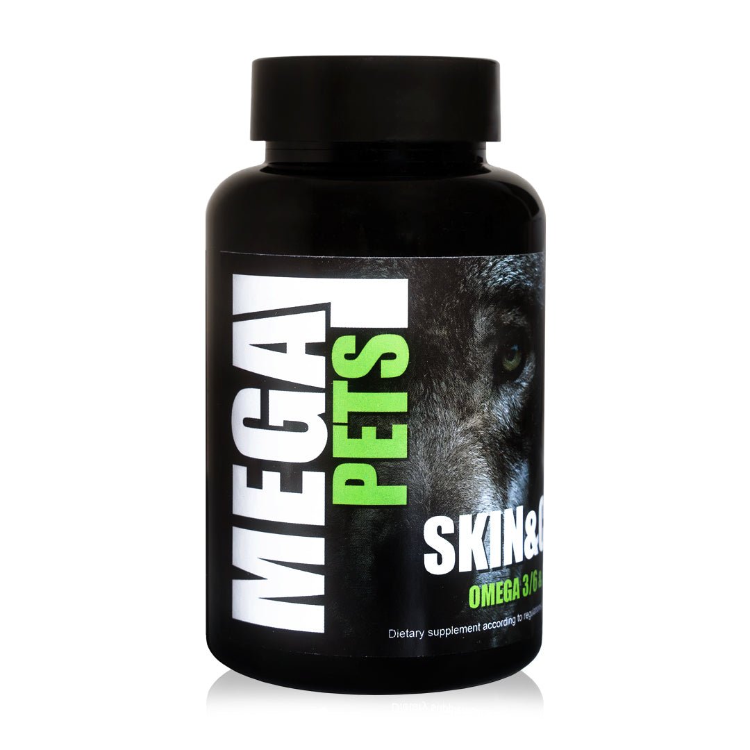 MEGA PETS Skin & Coat supplement bottle with Omega-3 and Omega-6 for healthy pet skin and coat.