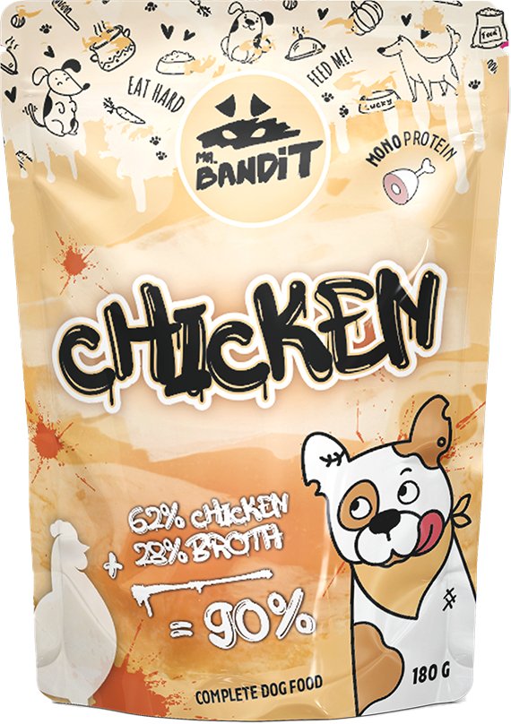 MR. BANDIT CHICKEN dog food pouch with 62% chicken and 28% broth, healthy ingredients for pets.
