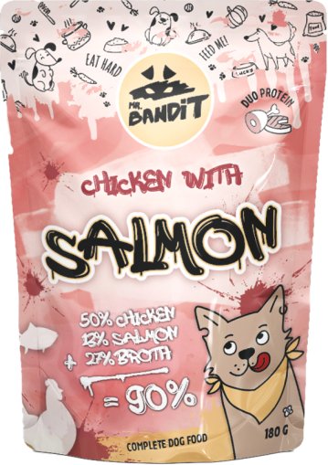 MR. BANDIT Chicken & Salmon dog food pouch with cartoon dog, featuring 50% chicken, 13% salmon, and 27% broth.