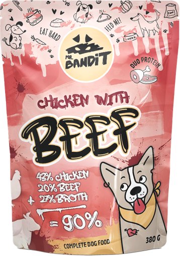 Mr. Bandit Chicken with Beef dog food packet featuring duo protein formula for healthy nutrition.