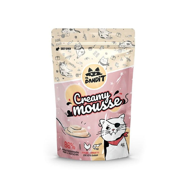 Mr. Bandit Creamy Mousse for cats with chicken and shrimp, 60g, creamy texture and gourmet flavor.