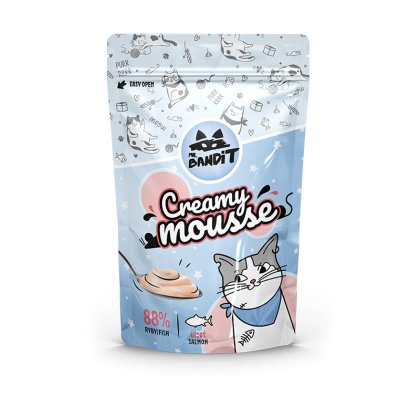 Mr. Bandit Creamy Mousse packaging for cats, salmon flavor, creamy texture, 60g, enticing for picky felines.