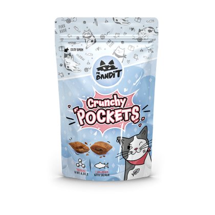 Mr. Bandit Crunchy Pockets snack bag for cats, featuring salmon-flavored treats in a fun, colorful design.