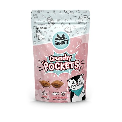Mr. Bandit Crunchy Pockets cat treats packaging with tuna and shrimp flavor, 40g, featuring playful design.