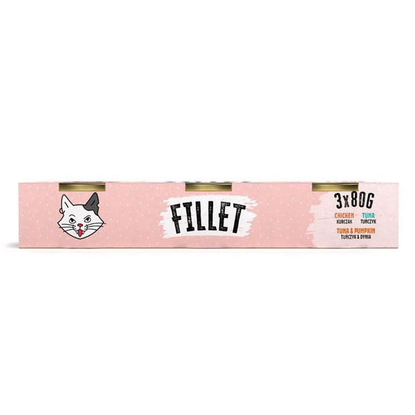 Mr. Bandit Fillet Mix 3x80g packaging featuring chicken, tuna, and pumpkin flavors for cats.