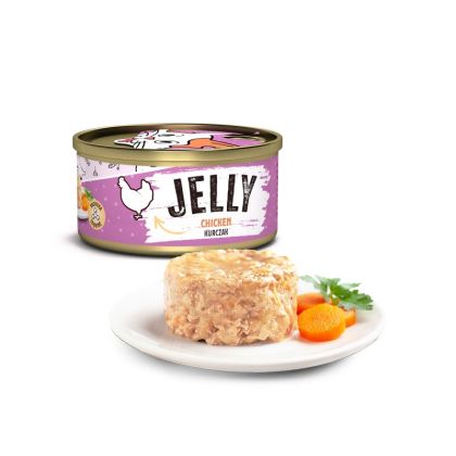 Mr. Bandit Jelly Chicken 80g in a can with a serving on a plate, featuring jelly with chicken and garnished with herbs.