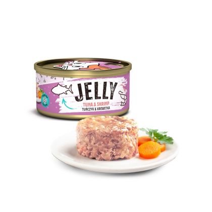 Mr. Bandit Jelly Tuna with shrimp in a can, served on a plate with garnishes.