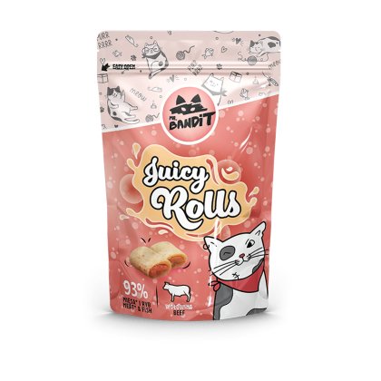Mr. Bandit Juicy Rolls BEEF cat treat packaging, 40g, featuring meat-filled rolls and playful cat illustration.