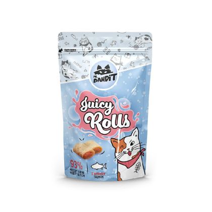 Mr. Bandit Juicy Rolls Salmon cat treat packaging, showcasing a savory snack for cats with salmon and chicken.