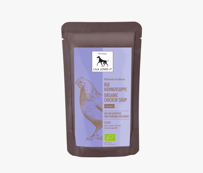 Organic chicken soup by LILA LOVES IT in eco-friendly packaging, featuring chicken, carrots, and turmeric.