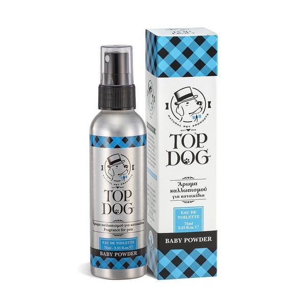 Top Dog Baby Powder Eau de Toilette spray for dogs, 75 ml, hypoallergenic and long-lasting fragrance.