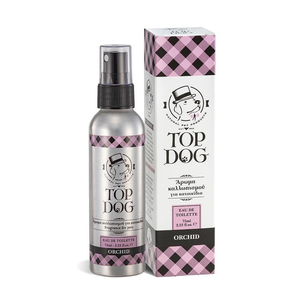 Top Dog Orchid eau de toilette for pets in a sleek spray bottle with a stylish box packaging.