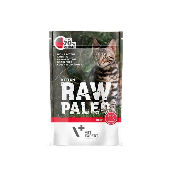 Пауч Raw Paleo Kitten Beef - висококачествена храна за котета, съдържаща до 70% телешко, без глутен.