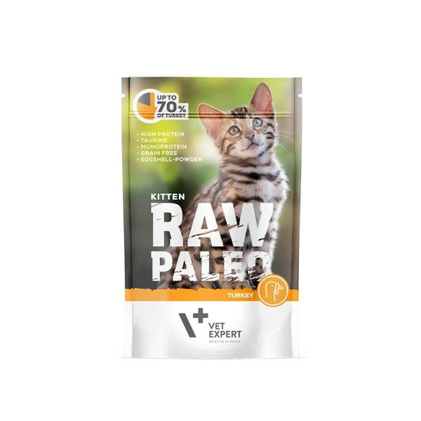 Пауч Raw Paleo Kitten Turkey 100g - висококачествена храна с до 70% пуешко месо, без глутен и консерванти.