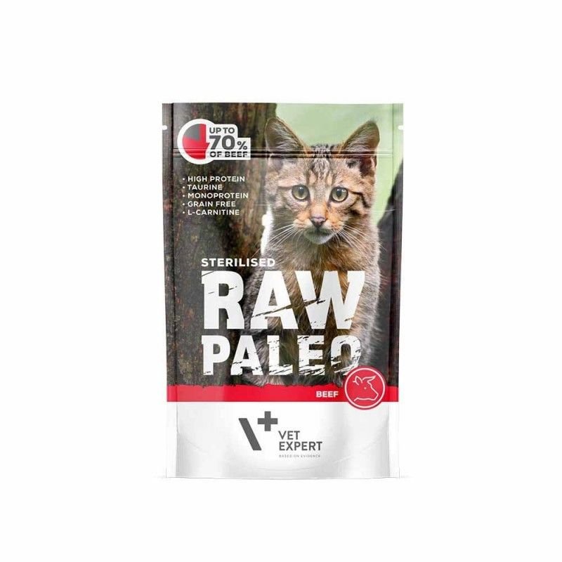 Пауч Raw Paleo Cat Sterilised Beef 100g - висококачествена храна за котки с високо съдържание на протеин и таурин.