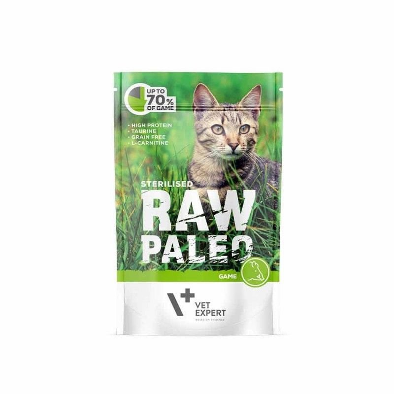Пауч Raw Paleo Cat Sterilised Game 100g - висококачествена храна с 70% дивечово месо, богата на протеини.