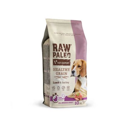 Packaging of Raw Paleo Healthy Grain Lamb dog food for adults, featuring lamb and barley ingredients.